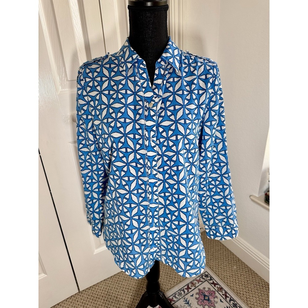 Chico's Blue White Geometric Button Up Cotton Size 0 Blouse Long Sleeve